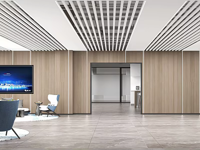Modern Reception Area With Wooden Walls TV Screen Lounge Chairs And Tile Floor Design 3d model
