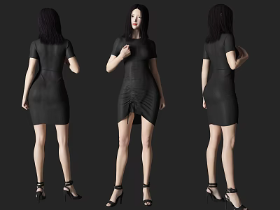 Stylish Woman in Black Dress with Front Back Side Views and High Heels 3d model