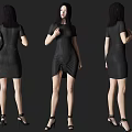 Stylish Woman in Black Dress with Front Back Side Views and High Heels