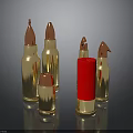 Weapon Ammunition Collection with Golden Bullets of Various Sizes and Red Cylinder