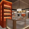 Modern Mall Restaurant Interior With Orange Walls Wooden Counter Hanging Lights Tables And Chairs