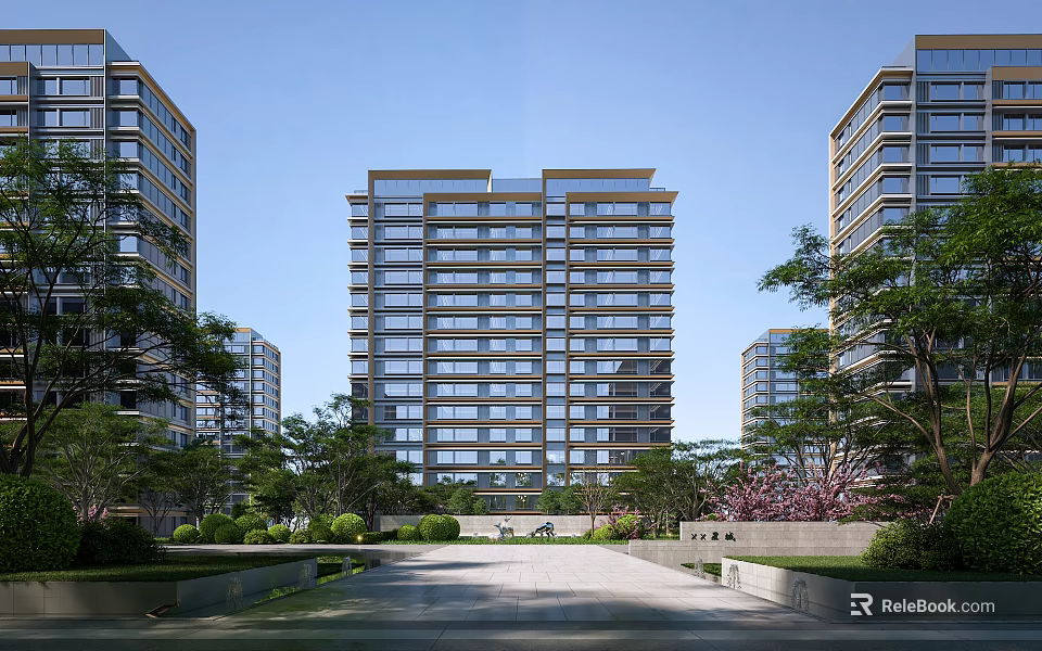 Modern High Rise Residential Building With Green Landscaping Trees And Open Courtyard 3d model 