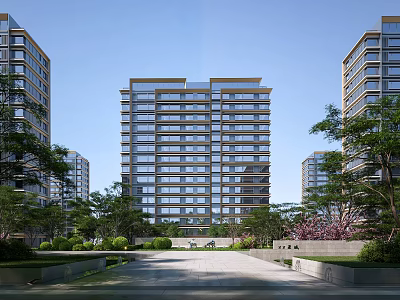 Modern High Rise Residential Building With Green Landscaping Trees And Open Courtyard 3d model