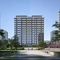 Modern High Rise Residential Building With Green Landscaping Trees And Open Courtyard