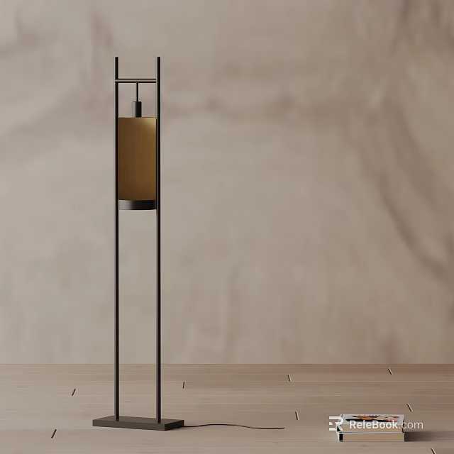 Modern Floor Lamp With Black Stand Brown Shade Wooden Floor Beige Wall 3d model 