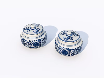 Blue and White Floral Patterned Lidded Ceramic Vessels for Home Decoration 3d model
