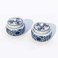 Blue and White Floral Patterned Lidded Ceramic Vessels for Home Decoration 3d model