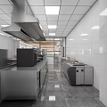 Commercial Kitchen With Stainless Steel Refrigerators Worktables Sinks White Tiled Walls And Metal Shelving Racks