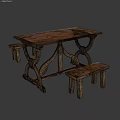 Rustic Wooden Dining Table With Matching Benches For Kitchen Dining Space 3d model