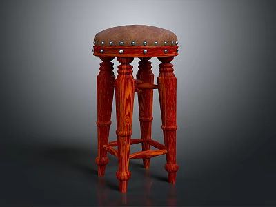 Classic Wooden Stool With Upholstered Seat Carved Legs And Decorative Rivet Details 3d model