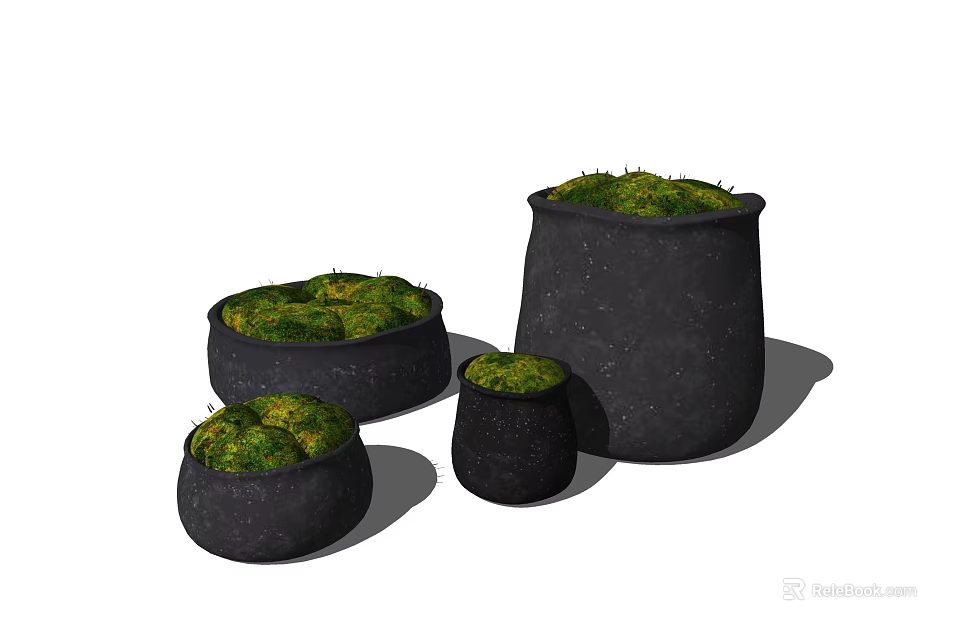 Black Ceramic Bonsai Planters With Green Moss In Different Sizes For Home Decor 3d model 