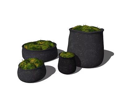 Black Ceramic Bonsai Planters With Green Moss In Different Sizes For Home Decor 3d model