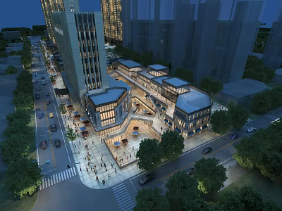 Aerial View Urban Planning With High Rise Buildings Plaza Streets Pedestrians And Trees 3d model
