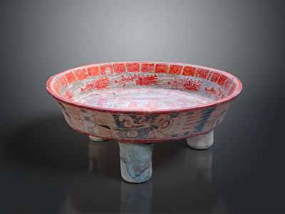 Traditional Decorative Sculpture Carving With Circular Shape Red White Patterns And Three Legs 3d model