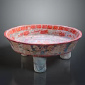 Traditional Decorative Sculpture Carving With Circular Shape Red White Patterns And Three Legs