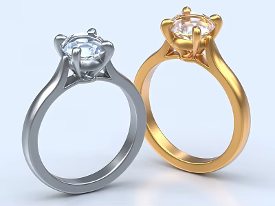 Elegant Round Cut Solitaire Diamond Rings in Silver and Gold with Classic Design 3d model