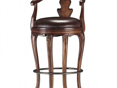 Traditional Wooden Bar Stool With Leather Seat Armrests And Carved Legs Design 3d model