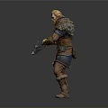 Man As Viking Warrior With Blonde Hair Holding Battle Axe Wearing Leather Armor Red Cape