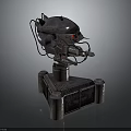 Mechanical Metallic Weapon With Vintage Industrial Base And Red Eye Structural Details