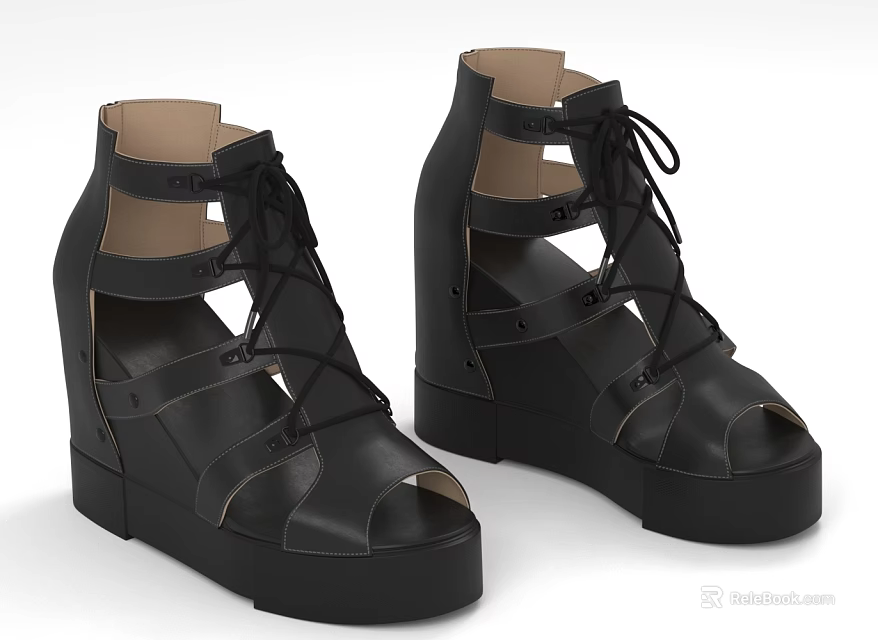 Black Leather Wedge Heel Sandals With Lace Up Design Open Toe Platform Sole 3d model 
