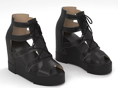 Black Leather Wedge Heel Sandals With Lace Up Design Open Toe Platform Sole 3d model