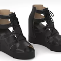 Black Leather Wedge Heel Sandals With Lace Up Design Open Toe Platform Sole