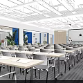 Modern Office Corridor With Blue Accents Green Plants And Seating Areas