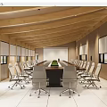 Modern Conference Room Interior With Wooden Ceiling Long Meeting Table Chairs And Window Blinds