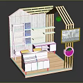 Modern Exhibition Booth With Wooden Structure White Shelves Counter Blue Logos And Screen