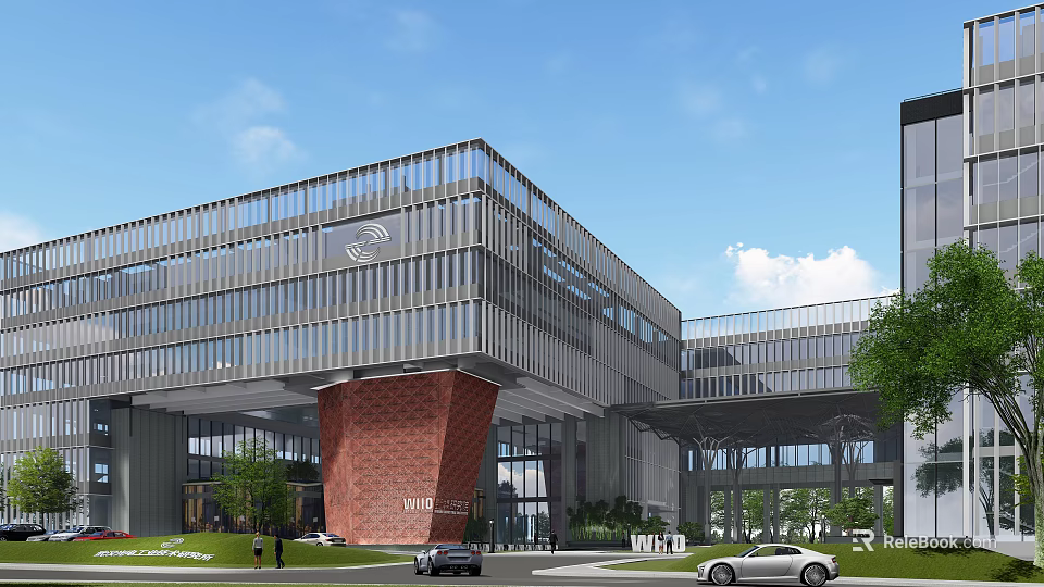 Modern Industrial Park Building Featuring Glass Curtain Wall Red Brick Structure And Greenery 3d model 