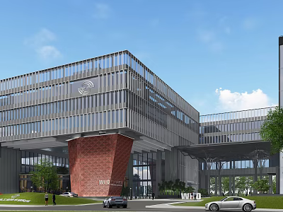 Modern Industrial Park Building Featuring Glass Curtain Wall Red Brick Structure And Greenery 3d model