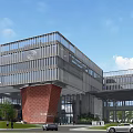Modern Industrial Park Building Featuring Glass Curtain Wall Red Brick Structure And Greenery