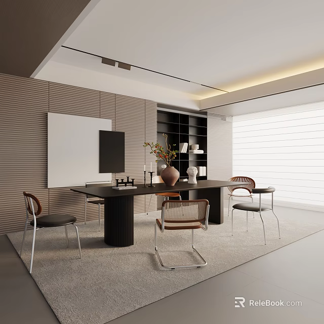Modern Minimalist Dining Table Set With Black Table Metal Chairs And Bookshelf Decor 3d model 