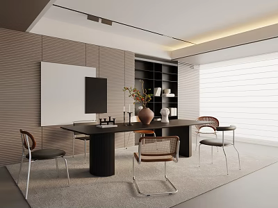 Modern Minimalist Dining Table Set With Black Table Metal Chairs And Bookshelf Decor 3d model