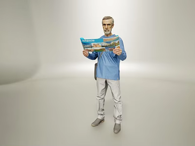A Man In Blue Shirt And Gray Pants Holding A Map Against Gray Background 3d model