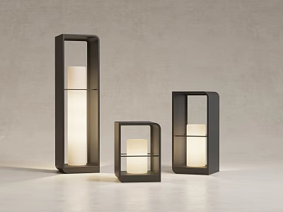 Three Black Framed Outdoor Lights With White Candle Shaped Light And Modern Design 3d model