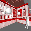 Kid Learning Fire Safety Equipment In Red Exhibition Room With Extinguishers