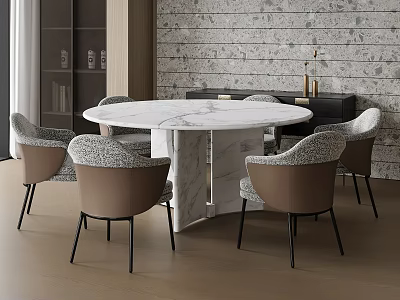 Modern Round Dining Table Set With Marble Top And Light Gray Upholstered Chairs 3d model