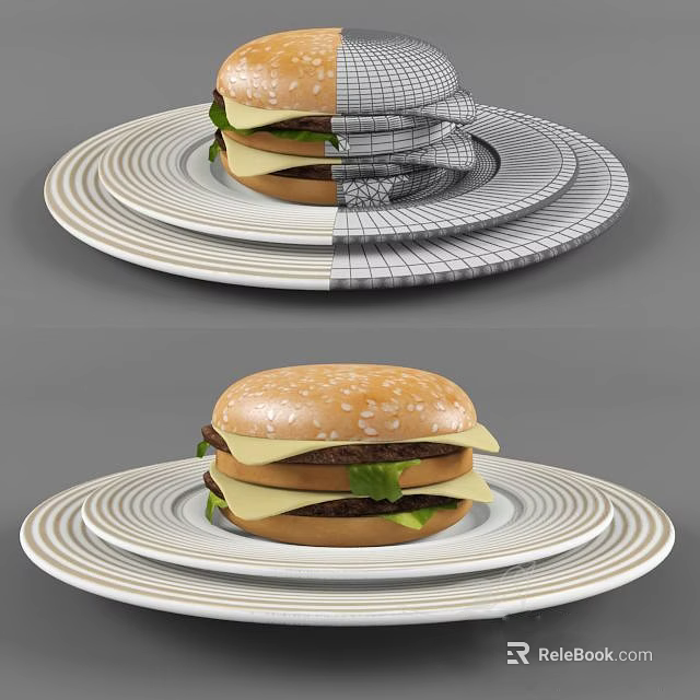 Delicious Hamburger With Sesame Seed Bun Cheese Patty And Lettuce On Striped Plate 3d model 