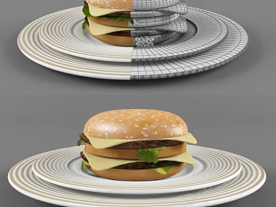 Delicious Hamburger With Sesame Seed Bun Cheese Patty And Lettuce On Striped Plate 3d model