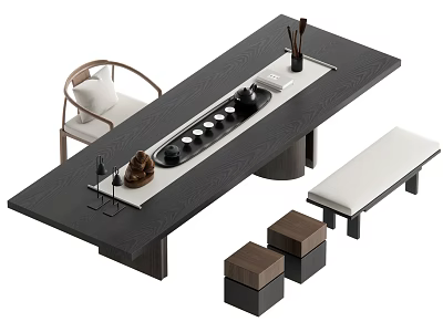 Elegant Modern Tea Table Set With Dark Wooden Top Matching Chairs Bench And Tea Utensils 3d model