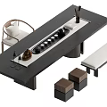 Elegant Modern Tea Table Set With Dark Wooden Top Matching Chairs Bench And Tea Utensils