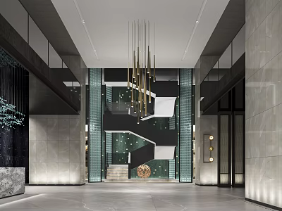 Modern Reception Area With Elegant Chandelier Marble Walls And Spacious Staircase Design 3d model