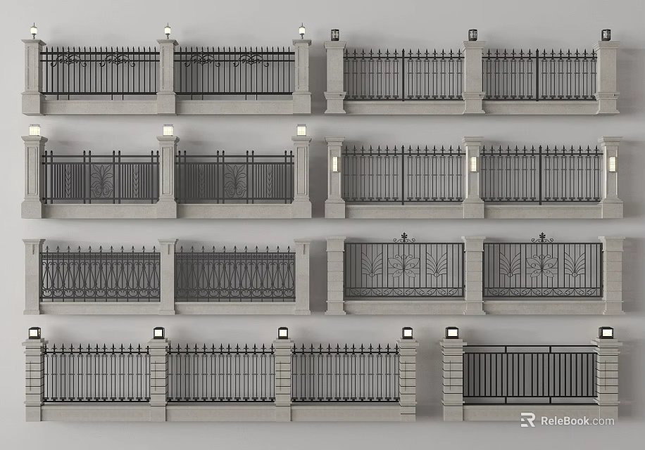 Various Decorative Iron Fence Designs With Pillars And Ornate Patterns 3d model