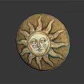 Ancient Circular Bronze Shield Weapon With Decorative Sun Face Motif And Patina