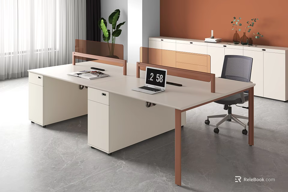 Modern Office Desk With Partition Laptop Office Chair And Plant In Workspace 3d model 