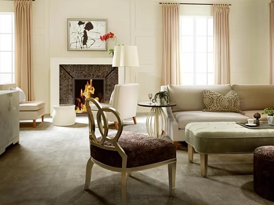 Upholstered Sofa And Coffee Table Combination With Fireplace Windows Curtains In Living Room 3d model