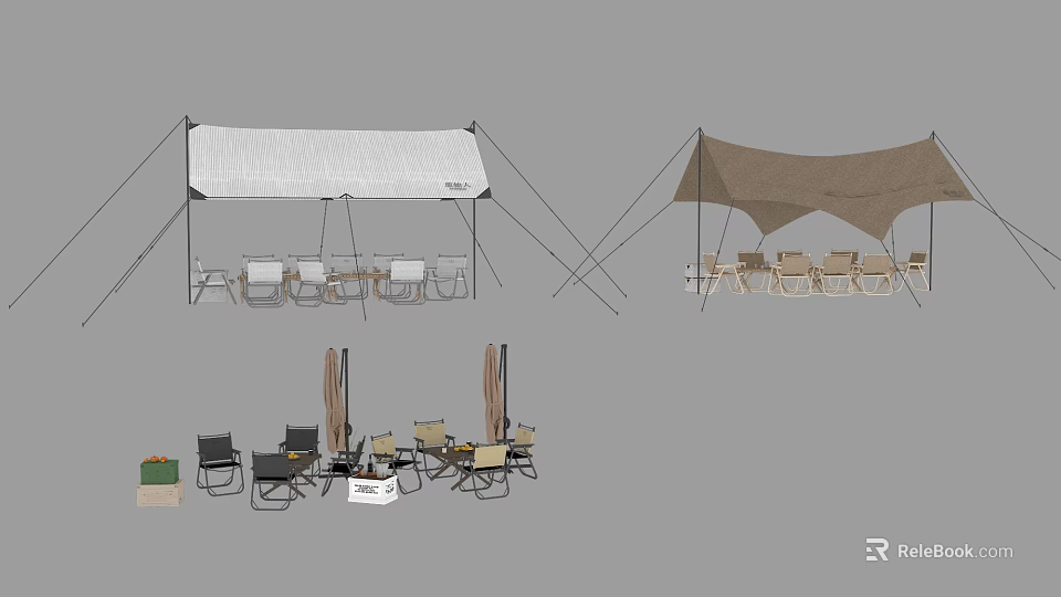 Outdoor Table Setup With White And Brown Canopies And Chairs In Garden Patio Area 3d model 