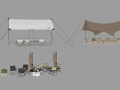 Outdoor Table Setup With White And Brown Canopies And Chairs In Garden Patio Area 3d model