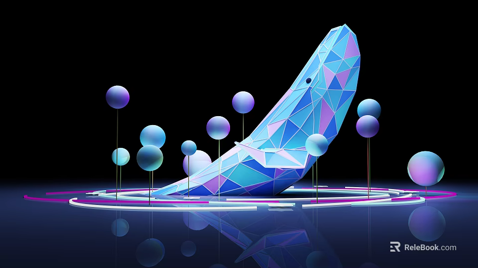 Polygonal Blue Purple Banana Shaped Object With Colorful Spheres And Glowing Rings 3d model 